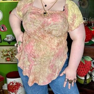 Y2k Boho Grunge Whimsigoth Fairycore Creme Tye Dye Paisley Print Milkmaid Top